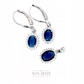    Ein Set aus Silberschmuck, blauen Zirkonen, Ohrringen + Anhänger, PR 925