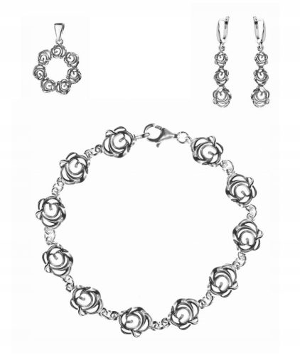  Ein Set oxidierter Silberschmuck mit Rosenmotiv, Pr925 + Box