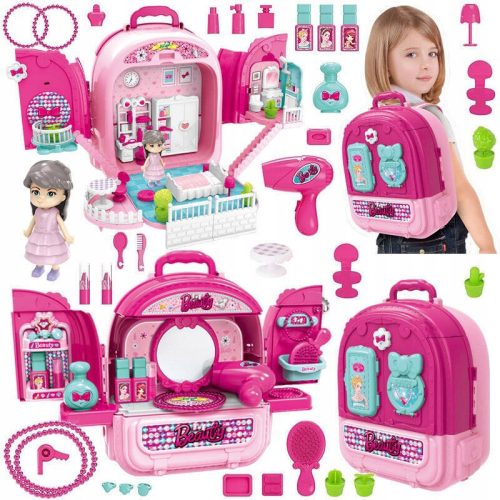  Schminktisch im Koffer, Puppenhaus-Rucksack, 3-in-1-Spiel-Beauty-Set