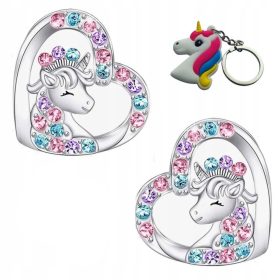    SILBERNE EINHORN-OHRRINGE FÜR MÄDCHEN Ohrstecker + Schlüsselanhänger