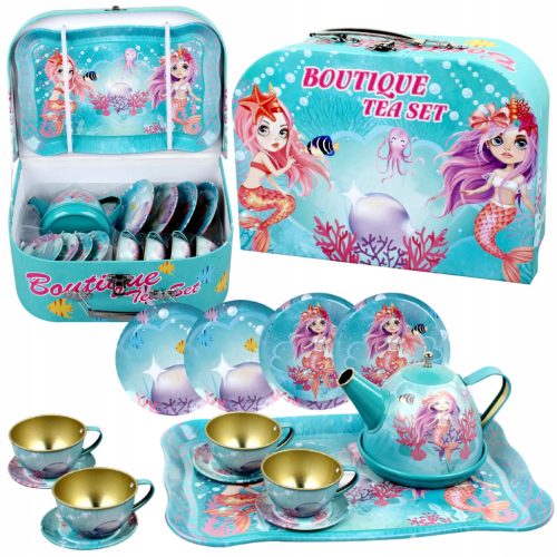  GROSSES TEESERVICE IM MEERJUNGFRAUEN-KOFFER, KRUG, TABLETT, TELLER, TASSE