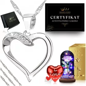    SILBERNE HERZ-HALSKETTE + LED-ROSE / GESCHENK FÜR EINE FRAU ZUM 40. GEBURTSTAG