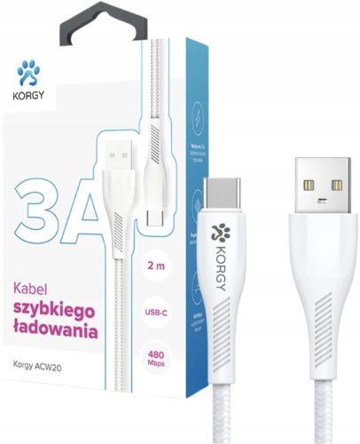  Korgy ACW20 USB-A – USB-C-Kabel, 2 m, Schnellladekabel, Nylongeflecht, Weiß