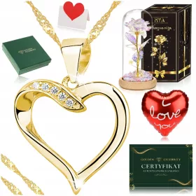    GOLD-HERZ-HALSKETTE + ZIRKONIA + EWIGE ROSE / GESCHENK FÜR 1.-99. GEBURTSTAG
