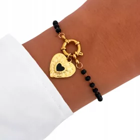    Armband mit Perlen, schwarz, Herzanhänger, Herz als Geschenk