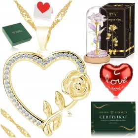    GOLDHALSKETTE + EWIGE ROSE IM GLAS, GESCHENK FÜR EINE FRAU, MUTTER, OMA