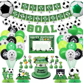    Zubehör für Fußball-Geburtstagsfeiern – einschließlich eines „Happy Birthday“-Banners