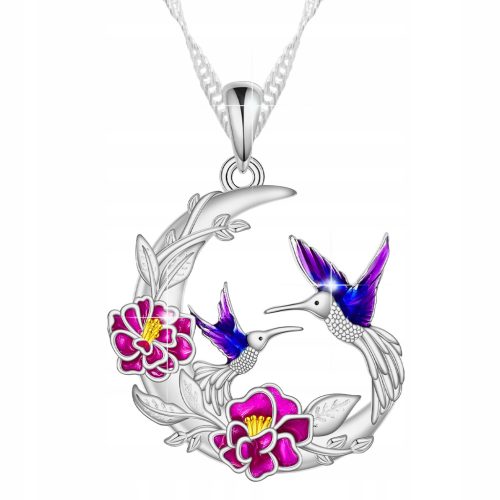  Halskette Kolibri Halbmond Vögel Bunte Blumen Rosa Blume SILBER 925