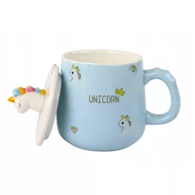  Einhorn-Tasse mit blauem Muster, Löffel und Teesieb