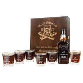  Braune Box mit Flasche + 6 Junggesellenabschiedsgläsern