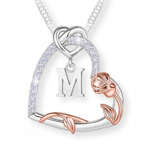  Herz-Halskette aus 925er Silber mit Zirkonen, Blume des Lebens, Rose, Buchstabe M