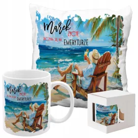    GESCHENK FÜR EINEN RUHESTAND BECHER MIT EINEM KISSEN „LIFE BEGINS IN RUHESTAND“ + NAME
