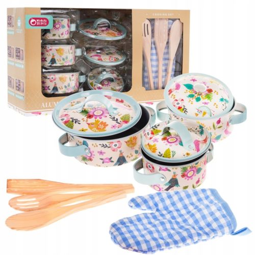  Küchenzubehör für Kinder ALUMINIUM TÖPFE Handschuh + Utensilien 10 Stk.