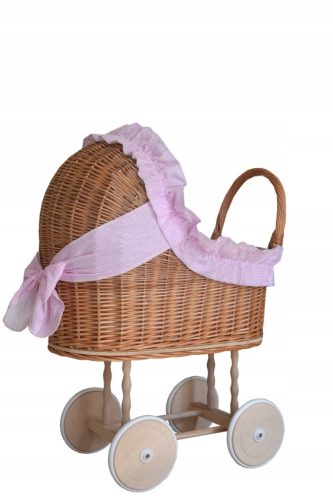  KINDERWAGEN AUS WEIDE, FÜR PUPPEN, rosafarbenes Korbgitter + WEICHE GUMMIREIFEN