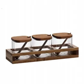    SET GLASBEHÄLTER 3 STÜCK X 400 ML MIT LÖFFELN AUF HOLZSOCKEL