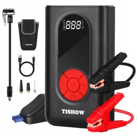    TISHOW 4in1 Powerbank mit Kompressor 1600A 12V Starthilfe 150PSI LED USB