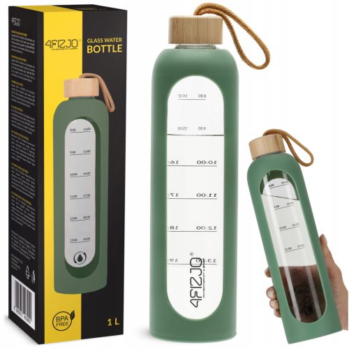  GLASWASSERFLASCHE, MOTIVIERENDES, AUSLAUFFÄHIGES SILIKONGEHÄUSE 4FIZJO