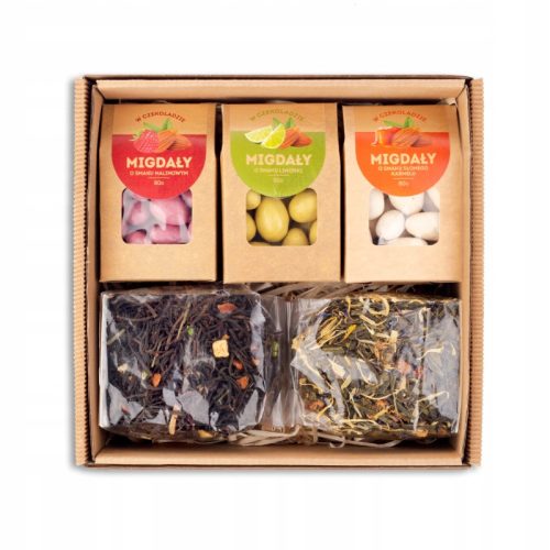  Geschenkset SÜSSIGKEITEN, MANDELN in Schokolade, TEE, Schwarz, Grün