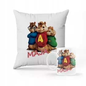    KISSEN + BECHER SET GESCHENK FÜR EIN KIND ALVIN UND DIE CHIPMUGS + NAME #3