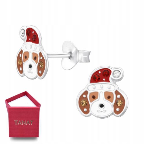  Silberne Weihnachts-Ohrstecker für Kinder mit einem Hund mit Weihnachtsmannmütze. Nikolaus