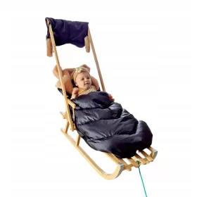    Holzschlitten mit Rückenlehne für ein Kind, Schieber + Schlafsack, BRAUN + Muffen