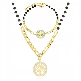    SCHMUCKSET SCHWARZE PERLEN GOLD BÄUME DES GLÜCKS CHIRURGENSTAHL