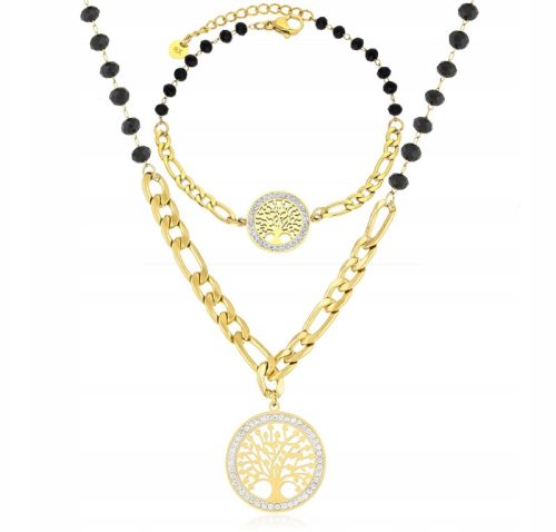  SCHMUCKSET SCHWARZE PERLEN GOLD BÄUME DES GLÜCKS CHIRURGENSTAHL