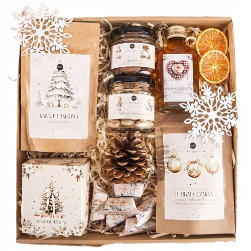 WEIHNACHTSGESCHENK-GESCHENKKORB Beigefarbenes Set aus Kaffee, Tee und Sirup