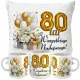  KISSEN + BECHER SET 80 JAHRE GEBURTSTAG GESCHENK FÜR DIE GEBURTSTAGSFEIER