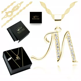    GOLDHALSKETTE FÜR DAMEN, ANHÄNGER BUCHSTABE M, 925/585, KOSTENLOSE KETTE FÜR SIE