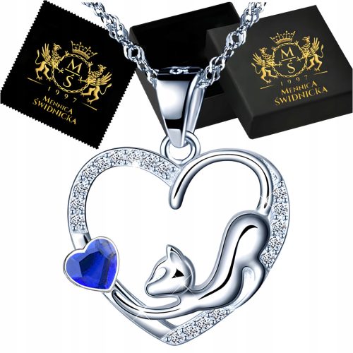  Halskette „Katze im Herzen“ aus 925er Silber mit kubischen Zirkonen. Perfektes Geschenk für Frauen