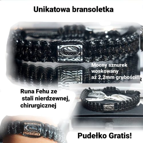  FEHU-RUNEN-ARMBAND, STAHL, MAKRAMEE-SCHNUR, ANGEFERTIGT IN DER GRÖSSE ODER BREITE 18 cm