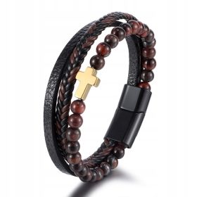  Lederarmband mit Kreuzperlen und Tigerauge aus rotem Stein