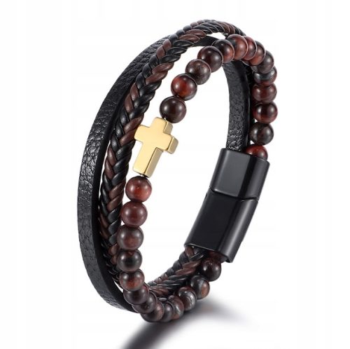  Lederarmband mit Kreuzperlen und Tigerauge aus rotem Stein