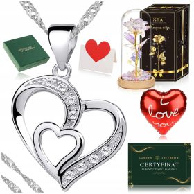    925 SILBERKETTE MIT HERZ + LED EWIGE ROSE IM GLAS ALS GESCHENK