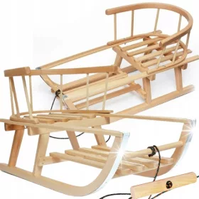   TRADITIONELLER HOLZSCHLITTEN MIT RÜCKENLEHNE, SEITE, BEFESTIGUNG, Kufe + FUSSSTÜTZE, LÄNGE. 75CM