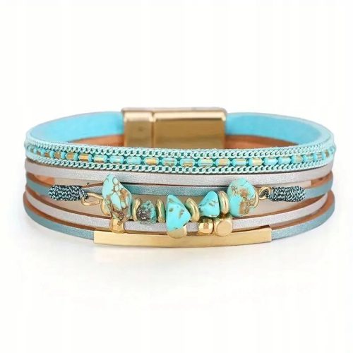  Damen-Lederarmband mit Riemen, Steinen, Boho-Wickel, Türkis