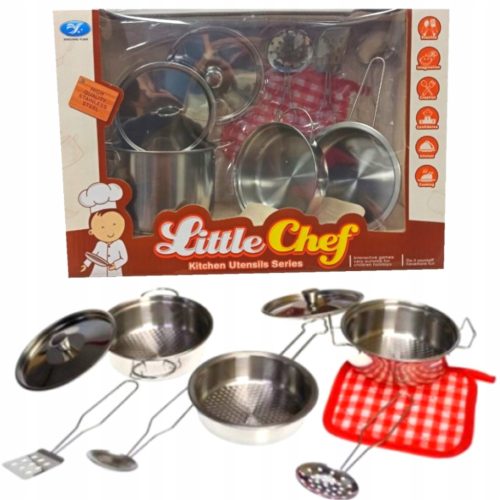  Ein Set Metalltöpfe und -pfannen für Kinder, 9-teilig.