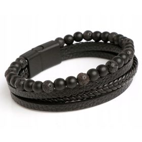  HERREN-LEDERARMBAND MIT ONYX-LAVA-PERLEN