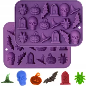    Schokoladenformen, Halloween-Totenköpfe, Kürbisse, Geister, Fledermäuse, Hexen, 2 Stück