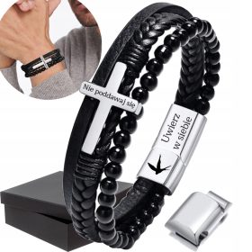    Graviertes Lederarmband für Herren mit Silberkreuz und Karneol