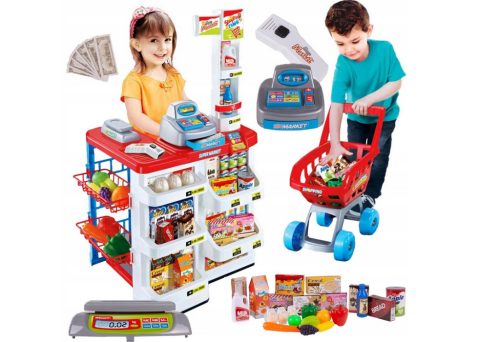  GROSSER SPIELZEUG-SUPERMARKT FÜR KINDER MIT WAGEN UND ZUBEHÖR-SCANNER-KASSE