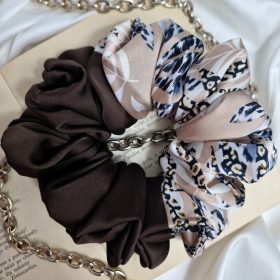    SCRUNCHIE großes XL-Haarband, beige, braun, Satinverzierung