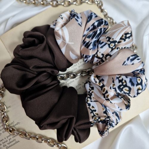  SCRUNCHIE großes XL-Haarband, beige, braun, Satinverzierung