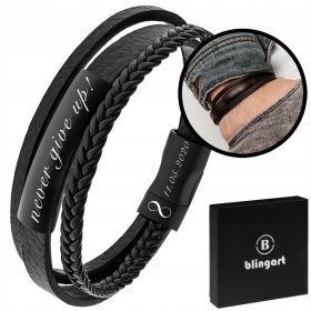    HERREN-Lederarmband mit Gravur, schwarzes Geflecht, GESCHENK, 316L-Stahl