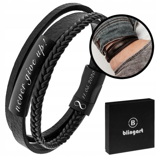  HERREN-Lederarmband mit Gravur, schwarzes Geflecht, GESCHENK, 316L-Stahl