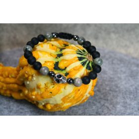  Herrenarmband: Totenkopf, versteinertes Holz und Achat