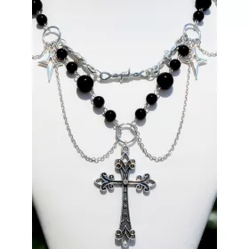    Vintage PUNK-HALSKETTE, geschichtet, Perlen mit Stern und Kreuz, schwarz