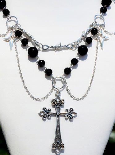  Vintage PUNK-HALSKETTE, geschichtet, Perlen mit Stern und Kreuz, schwarz