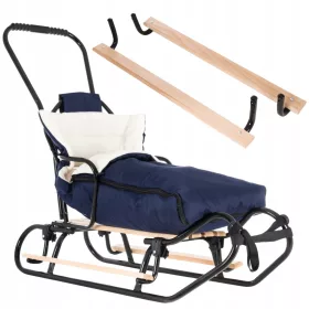    Polnischer JEE M Schlitten für Kinder + Rückenlehne + Schieber + Fußstützen + Schlafsack + Gurt